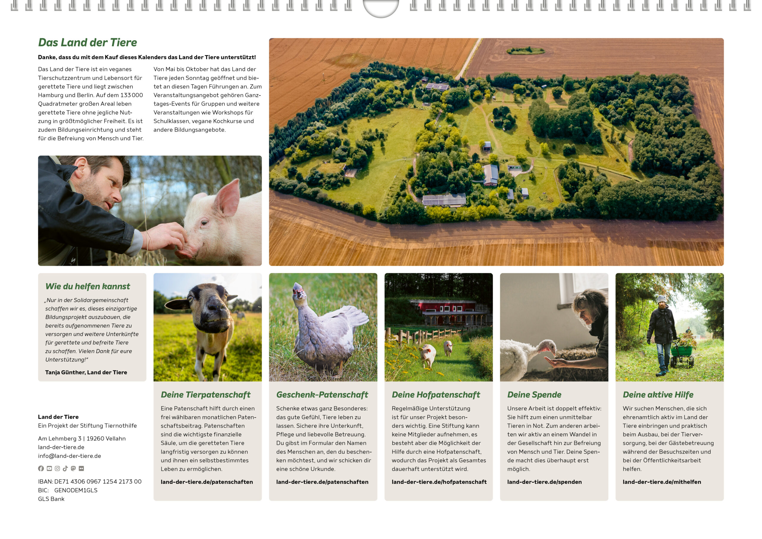 Zweite Seite des Wandkalenders. Es sind mehrere Fotos und Textblöcke zu sehen, die das Land der Tiere beschreiben. Ein Foto zeigt das Land der Tiere, die anderen Fotos zeigen Einblicke in die Arbeit. Die Textfelder beschreiben, wie man das Land der Tiere unterstützen kann. Aufgelistet werden Tierpatenschaften, Geschenk-Patenschaften, Hofpatenschaften, Spenden und aktive Untersützung.